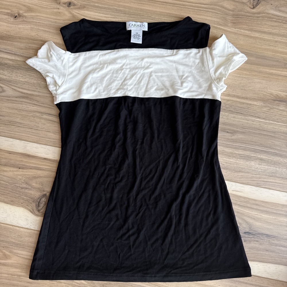 Carmen Marc Valvo‎ Black White  Cap Sleeve Top Cut Out  Size XS - Picture 1 of 5